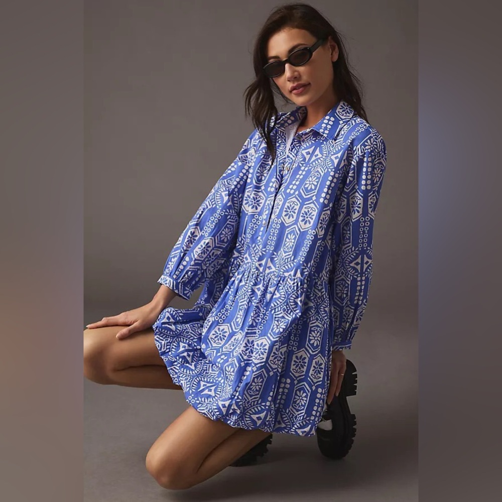 NWT Anthropologie blue Maeve Bubble-hem Shirt Dress Large Geometric Print